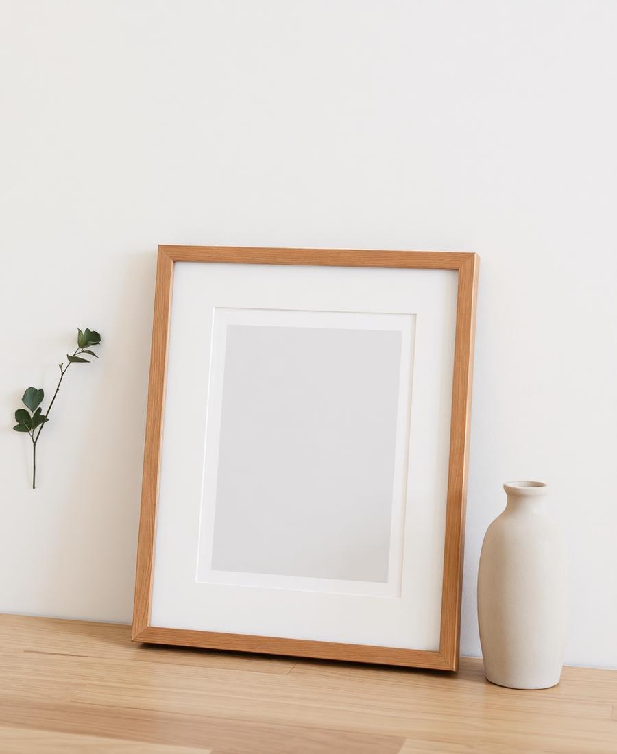 Framed fine art print leaning against ivory wall